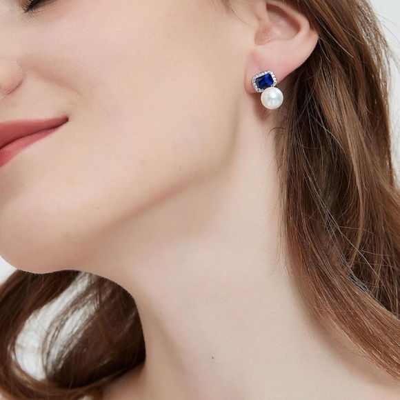 5A Blue Cubic Zirconia Real Cultured Pearls Earrings 925 Sterling Silver - Picture 5 of 6